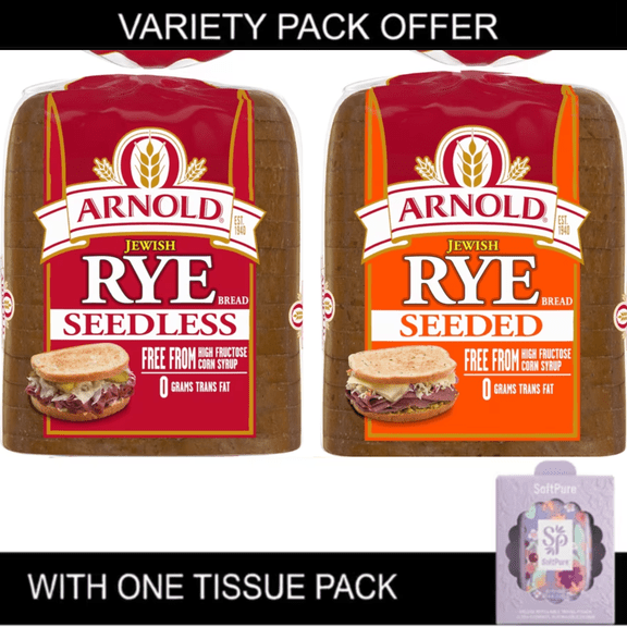 Arnold Jewish Rye Bread Variety Pack, Seeded Rye & Seedless Rye Bread, 16 oz Loaves, 2 Pack (Includes One Tissue Pack)