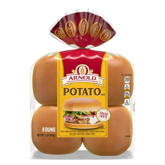 Arnold Potato Buns, 8 count, Soft Hamburger Buns, 16 oz Bag (Pack of 6)