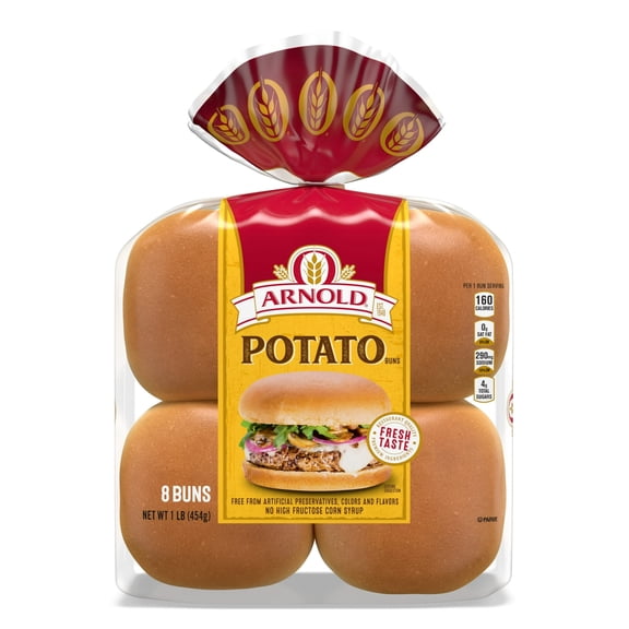 Arnold Potato Buns, 8 count, Soft Hamburger Buns, 16 oz Bag (Pack of 6)