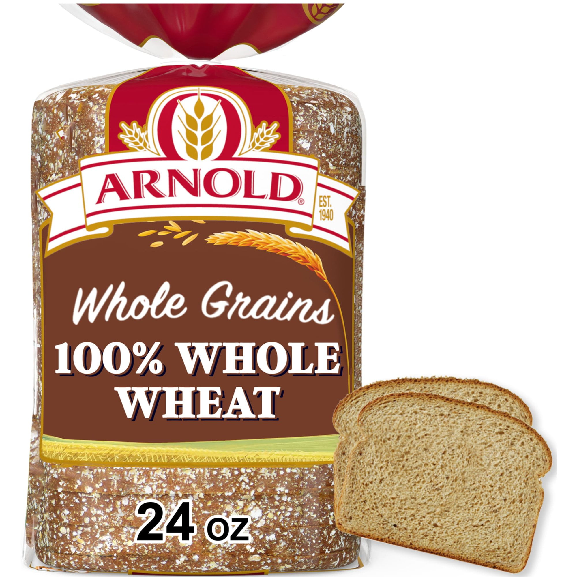 Arnold Whole Grains 100% Bread, 24 oz, Soft Whole Wheat Wheat Bread, Bag (Pack of 2)