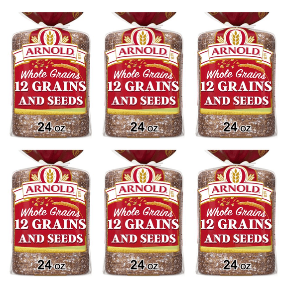 Arnold Whole Grains 12 Grains and Seeds Whole Grain Bread Loaf, 24 oz (Pack of 6)