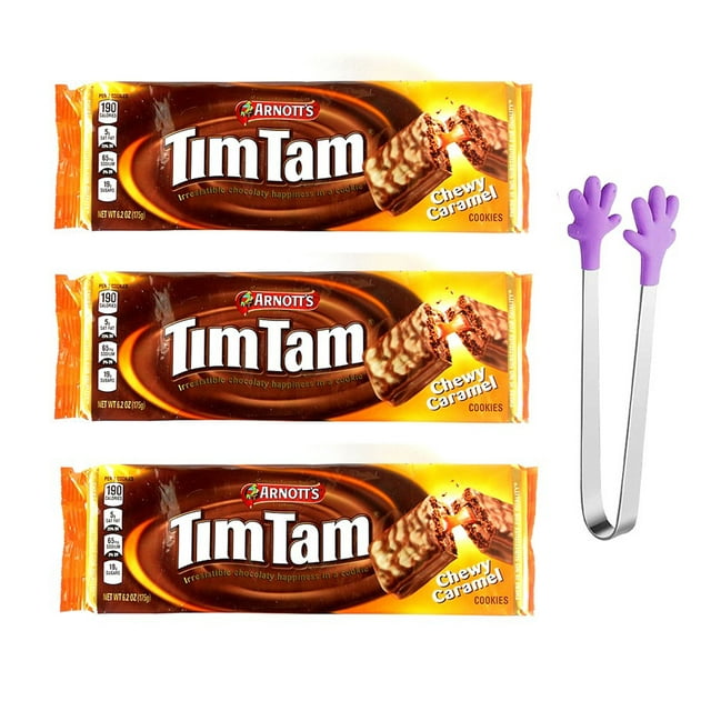 Arnott's Tim Tam CHEWY CARAMEL Flavor Australian Chocolate Biscuit Cookies 7 Oz. X 3 Packs with Bonus Mini Hand Shape Silicone Tongs