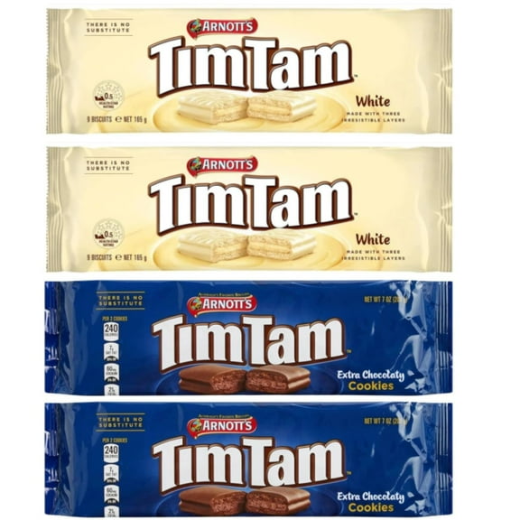 Arnotts Tim Tam Chocolate Biscuits 4-Pack Variety: 2 x Timtam White, 2 x Timtam Extra Chocolaty