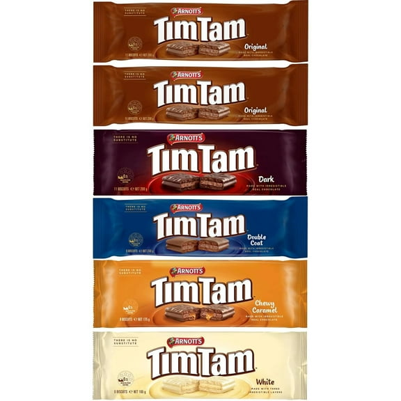 Arnotts Tim Tam Chocolate Biscuits 6-Pack Assortment: 2 Original, 1 Dark, 1 Double Coat, 1 Chewy Caramel, 1 White Made in Australia