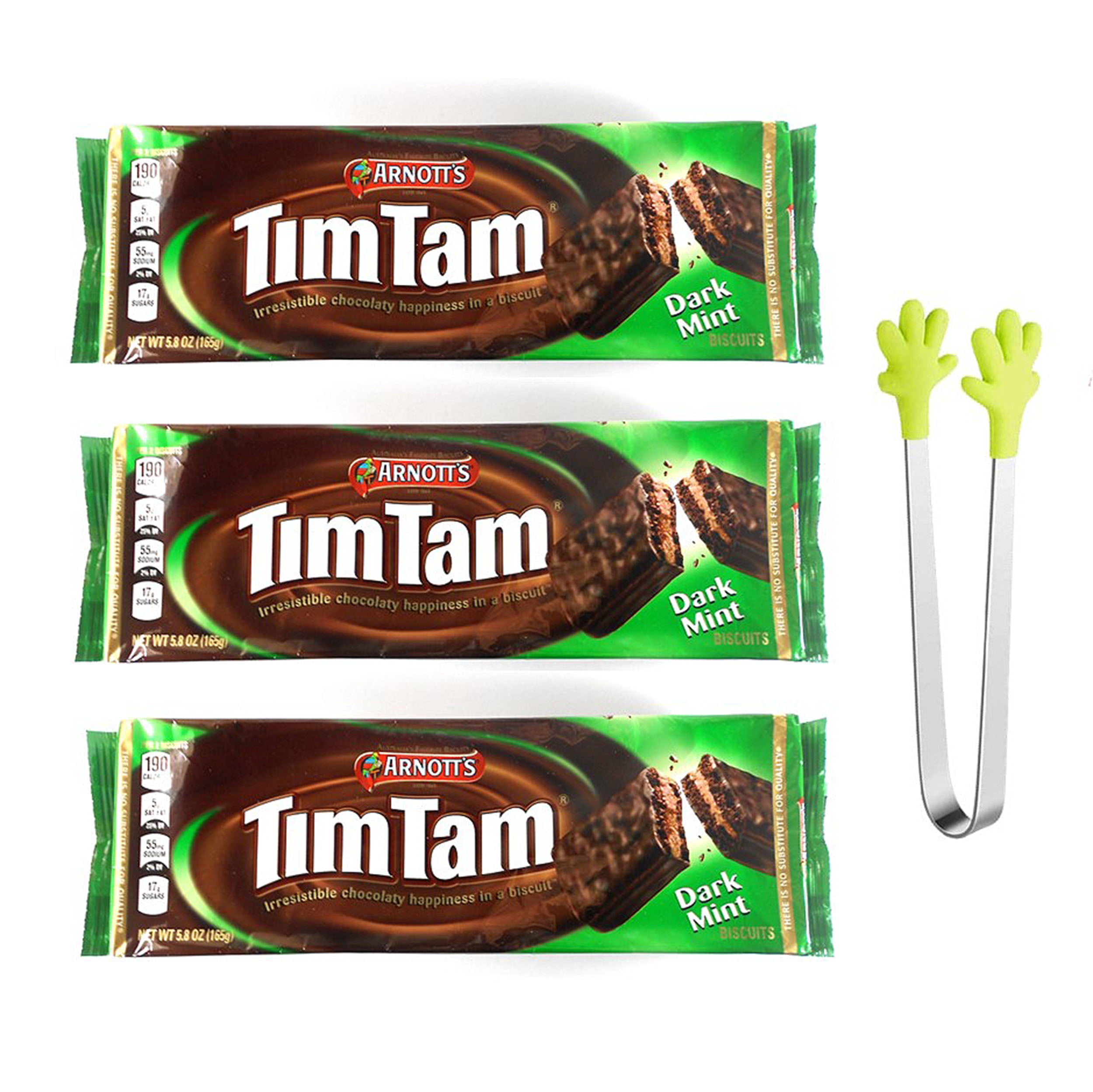 Arnott's Tim Tam DARK MINT Flavor Australian Chocolate Biscuit Cookies 7  Oz. X 3 Packs with Bonus Mini Hand Shape Silicone Tongs 