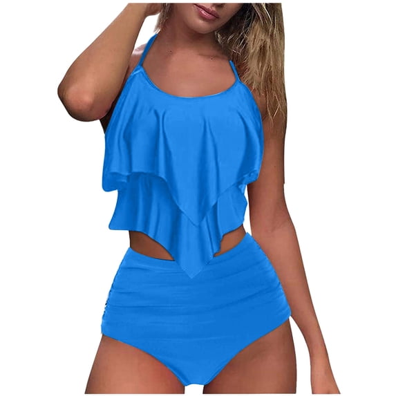Arnsht 2 Piece Solid Color Bikini Sets for Women High Waisted Ruffle Halter Swimsuit Trendy Bathing Suits Push Up Summer Beach Wear Blue XL