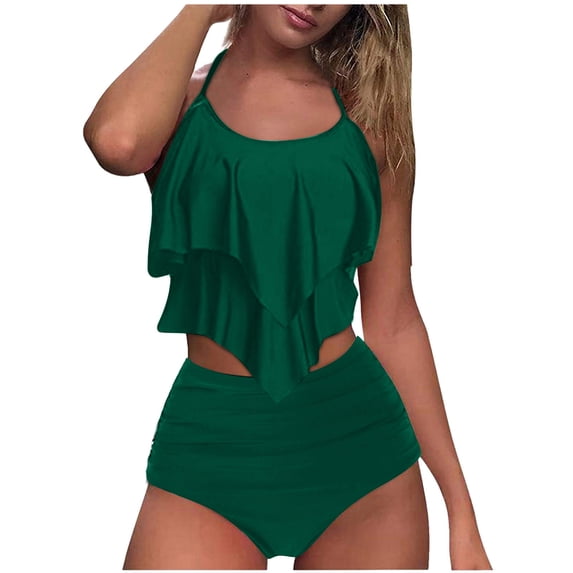 Arnsht 2 Piece Solid Color Bikini Sets for Women High Waisted Ruffle Halter Swimsuit Trendy Bathing Suits Push Up Summer Beach Wear Green XXL