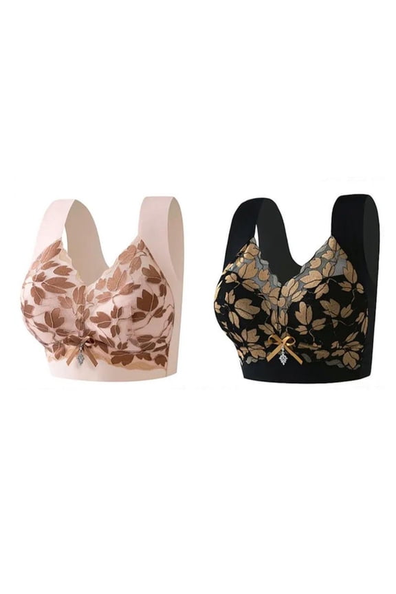 2PC Fashion Women's Leaf Embroidery Anti-Shine Lace Back Camisole Wrap Underwire Daily Bra Black L