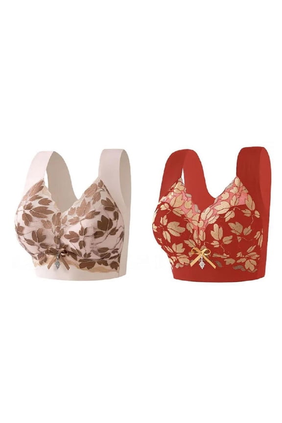 2PC Fashion Women's Leaf Embroidery Anti-Shine Lace Back Camisole Wrap Underwire Daily Bra Yellow M