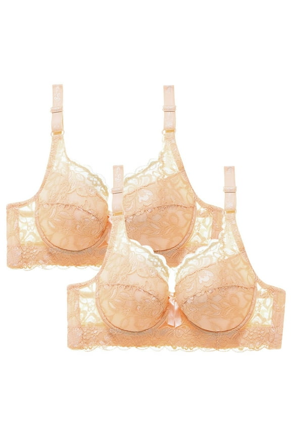 2Pcs Lingerie for Women's Lace Underwire Bra Sheer See Through Bras Unpadded Ultra Thin Soft Comfort Breathable Underwear Beige 34B