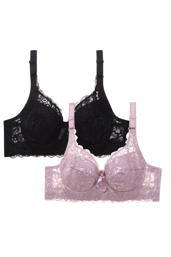 2Pcs Lingerie for Women's Lace Underwire Bra Sheer See Through Bras Unpadded Ultra Thin Soft Comfort Breathable Underwear Black 40D
