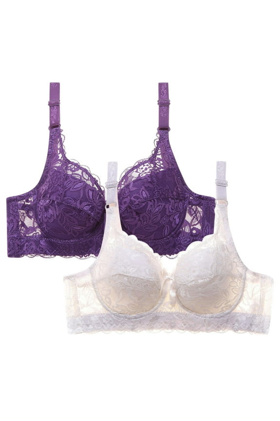 2Pcs Lingerie for Women's Lace Underwire Bra Sheer See Through Bras Unpadded Ultra Thin Soft Comfort Breathable Underwear Purple 42B