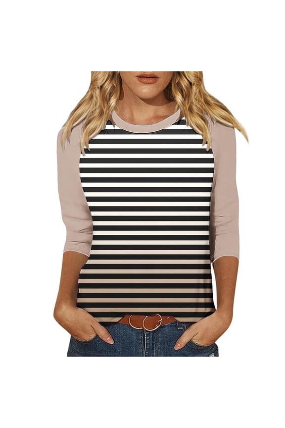 3/4 Sleeve Tops for Women Classic Striped Contrast Crewneck Casual Shirts Three Quarter Length Loose Fit Summer Blouses Khaki S