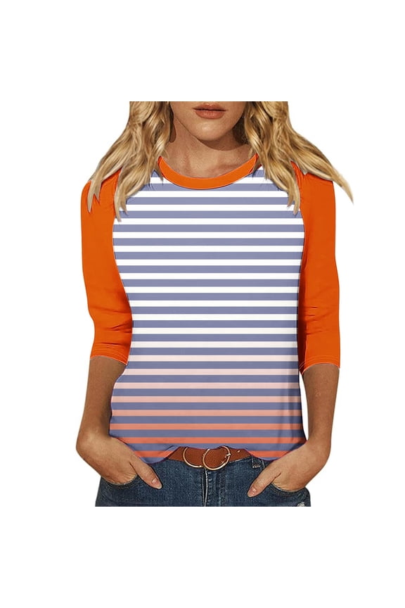 3/4 Sleeve Tops for Women Classic Striped Contrast Crewneck Casual Shirts Three Quarter Length Loose Fit Summer Blouses Orange XXL