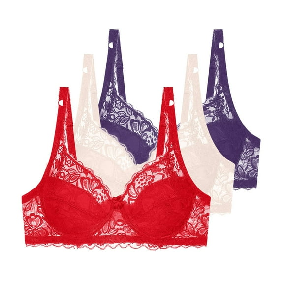 Arnsht 3-Pack Women's Solid Color Thin Breathable Lace Bras Plus Size Gathering Unlined Wireless Lace Full Coverage Bras Purple 95B