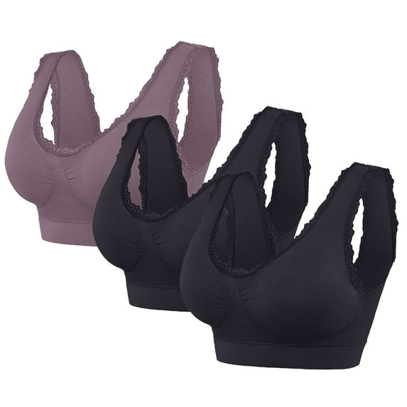 Arnsht 3Pcs Women's Fashion Solid Lace Edge Casual Sports Bra Tank Top Underwear Soft Comfort Breathable Daily Bra Without Steel Ring Black XL