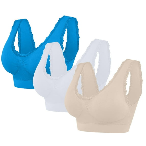 Arnsht 3Pcs Women's Fashion Solid Lace Edge Casual Sports Bra Tank Top Underwear Soft Comfort Breathable Daily Bra Without Steel Ring Blue S