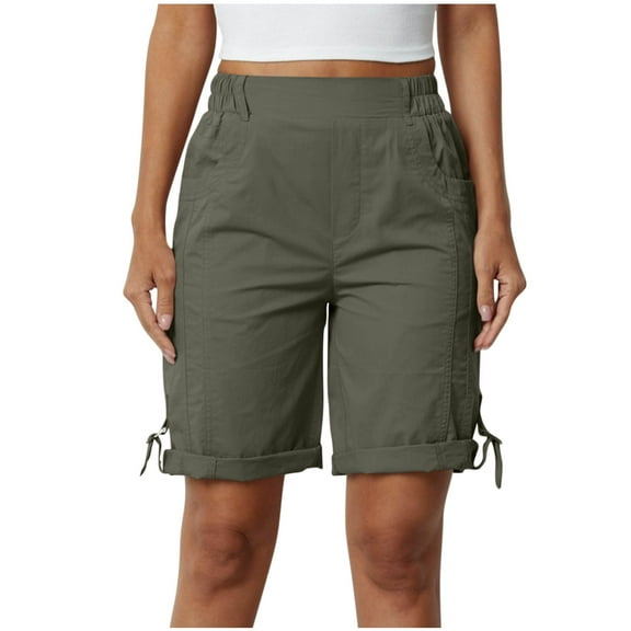 Arnsht Bermuda Shorts for Women Cargo Shorts Elastic Waist Knee Length Multi Pocket Solid Color Shorts for Summer Casual Green L