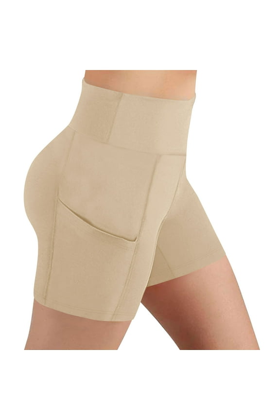 Biker Shorts Women with Pockets High Waisted Stretch Underpants Workout Spandex Tummy Control Gym Running Yoga Shorts Beige M