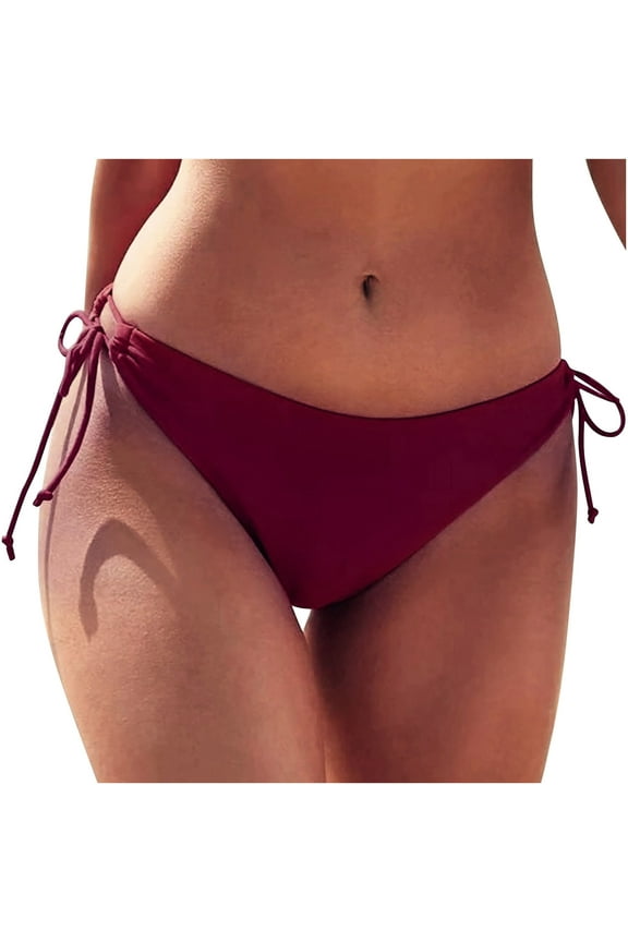 Bikini Bottoms for Women Moderate Coverage String Bathing Suit Bottom Summer Fashion Solid Side Tie Low Rise Swim Bottom Wine XL