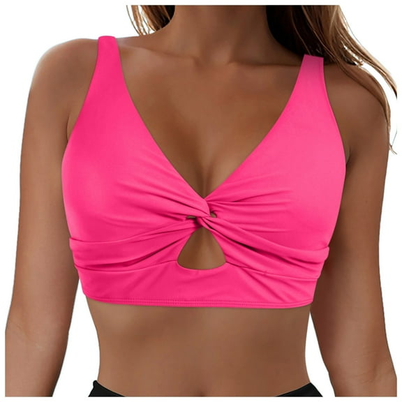 Arnsht Bikini Tops for Women Cropped Tankini Tops Beach Push-Up Padded Knot Twist Cut Out Adjustable Tank Swimwear Top Only Pink L