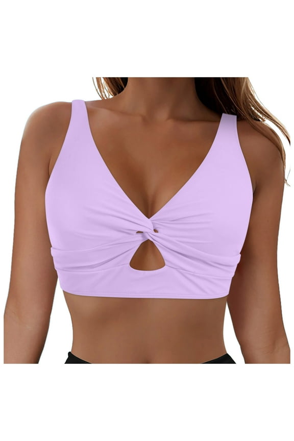 Bikini Tops for Women Cropped Tankini Tops Beach Push-Up Padded Knot Twist Cut Out Adjustable Tank Swimwear Top Only Purple M