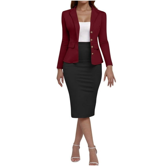 Arnsht Business Suit Sets for Women's Spring Summer Solid Color 54 Piece Outfits Collarless Peplum Blazer Formal Pencil Skirt Suit Wine L