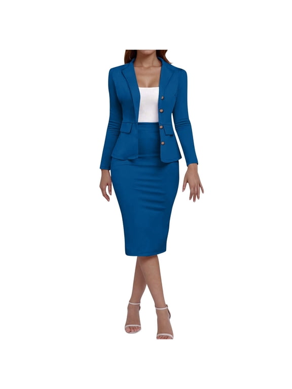 Business Suit Sets for Women's Spring Summer Solid Color 63 Piece Outfits Collarless Peplum Blazer Formal Pencil Skirt Suit Blue XXXL