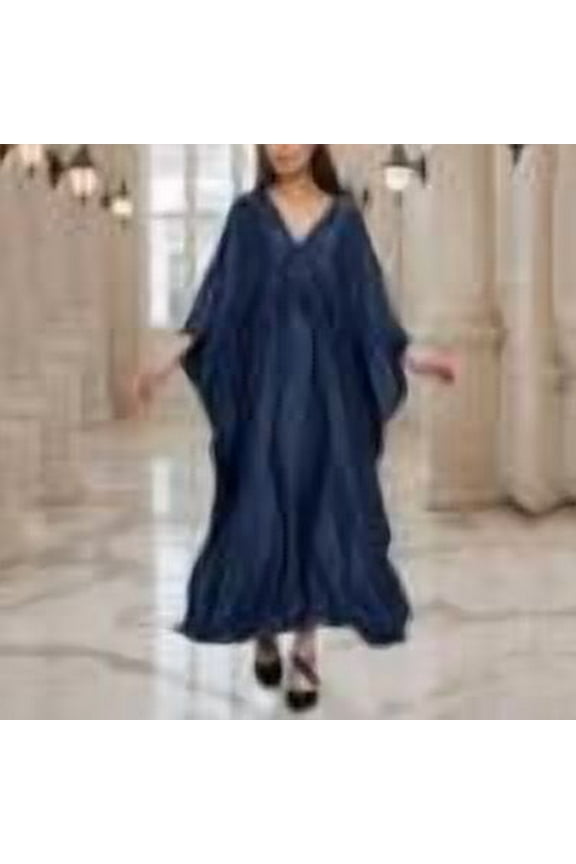 Caftans for Women Solid Color Chiffon Plus Size Kaftan Dresses Beach Cover Up V Neck Batwing Sleeve Caftans Loungewear Blue Free Size