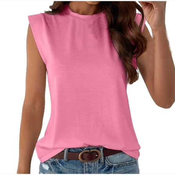 Arnsht Cap Sleeve Tops for Women Summer Top Basic Tee Shirts Casual Round Neck Tank Loose Fit Solid Color Fashion Top Pink L