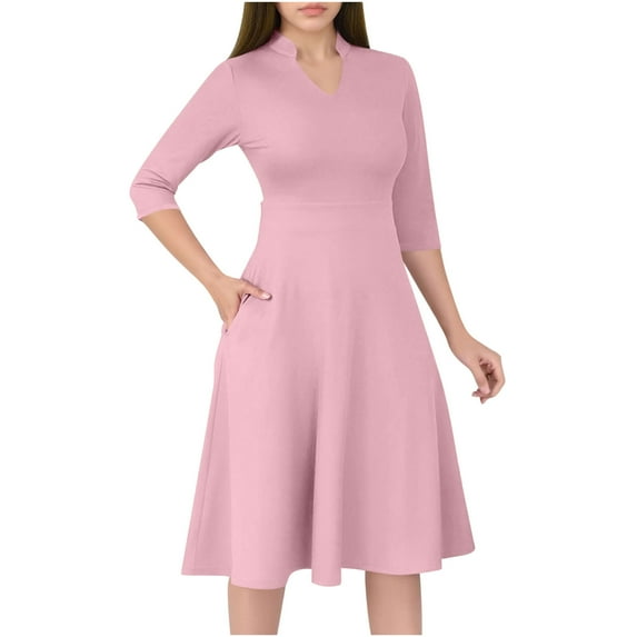 Arnsht Casual Dresses for Women Semi Formal Fit and Flare 3/4 Sleeve A-line Solid Color Work Dress with Pockets Pink L