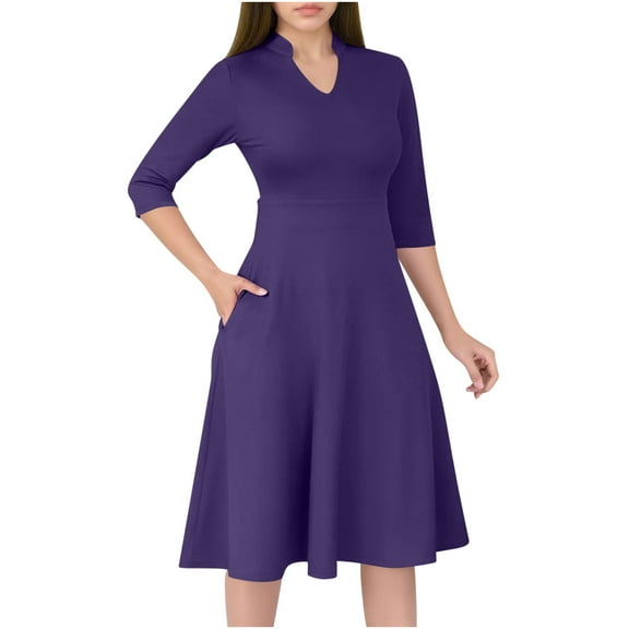 Arnsht Casual Dresses for Women Semi Formal Fit and Flare 3/4 Sleeve A-line Solid Color Work Dress with Pockets Purple L