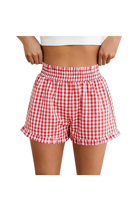 Cotton Gingham Boxer Shorts for Women Casual Summer Pajama Lounge Sleep Cute Y2K Plaid Shorts Beach Bottoms Red S