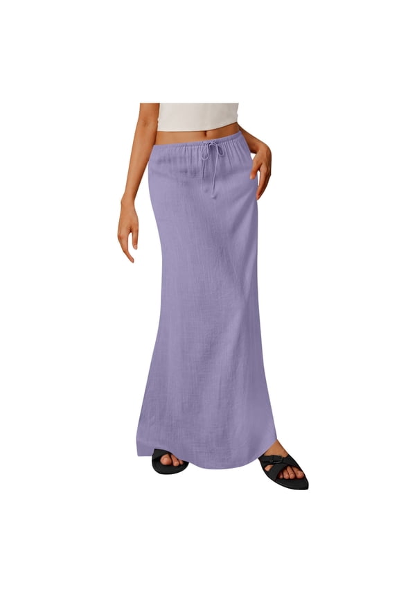 Cotton Linen Maxi Skirts for Women Trendy Summer Comfy Drawstring Waist A Line Skirts Cute Vacation Boho Long Flowy Skirts Purple S