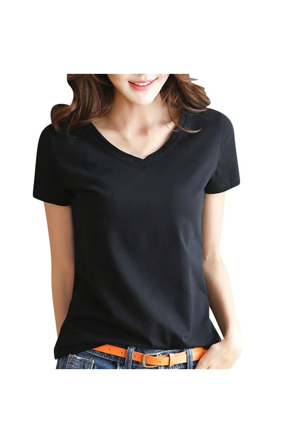 Cotton Short Sleeve T Shirts for Women Slim Fitted Basic Tees Cropped Tshirts Casual Plain Tight Summer Tops Black M