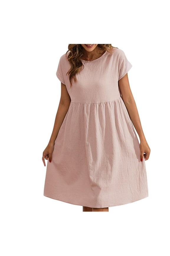 Dresses for Women Casual Summer Cotton Linen Dress with Pockets Short Sleeve Loose Comfort Midi Shirt Dress Pink L