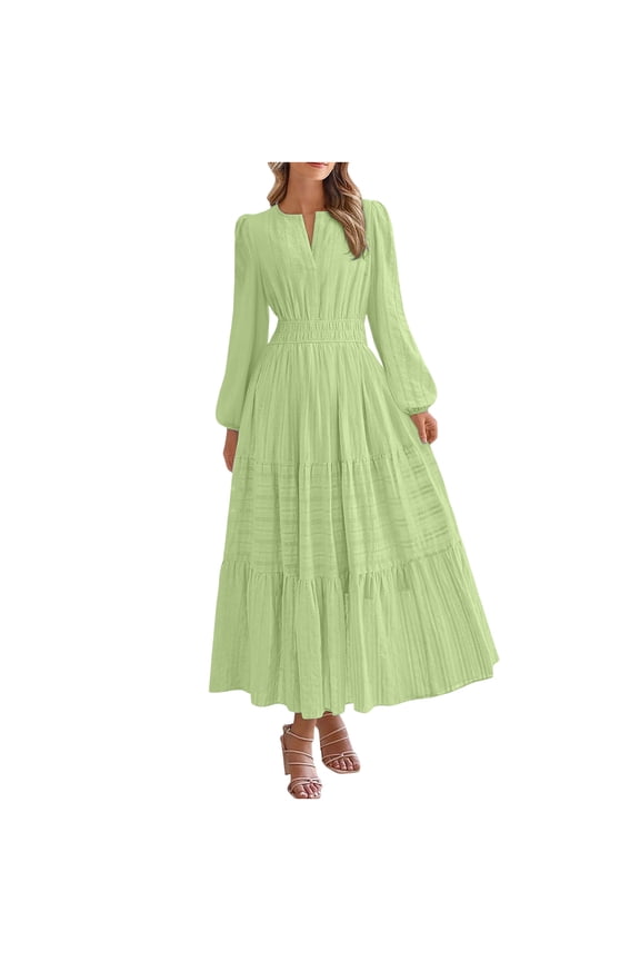 Fall Dresses for Women 2025 Casual Long Sleeve V Neck Elastic Waist Lightweight Maxi Wedding Guest Dress Pockets Green S