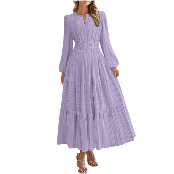 Arnsht Fall Dresses for Women 2025 Casual Long Sleeve V Neck Elastic Waist Lightweight Maxi Wedding Guest Dress Pockets Purple M