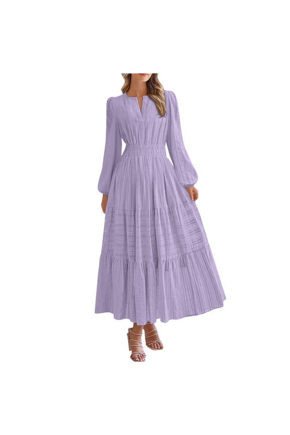 Fall Dresses for Women 2025 Casual Long Sleeve V Neck Elastic Waist Lightweight Maxi Wedding Guest Dress Pockets Purple S