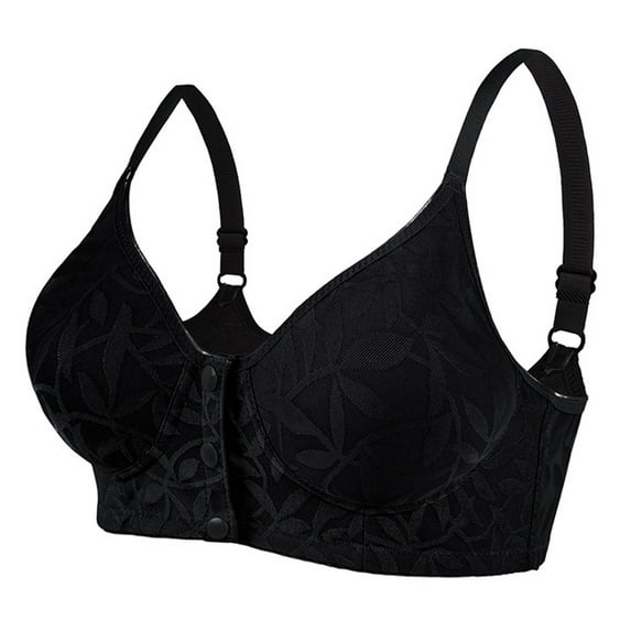 Arnsht Fashion Cute Leaf Embossing Lace Bras for Women Front Closure No Underwire Comfort Senior Wireless Snap Closing Bra Black 56/130