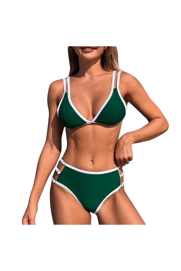 Fashion V Neck Bikini Sets for Women Color Block Two Piece Swimsuits Soft Comfortable Triangle Bikini Cheeky Push Up Bathing Suit Green M