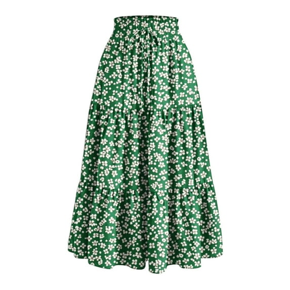 Arnsht Floral Maxi Skirt for Women Summer Casual Comfy Tiered Elastic High Waisted Skirts Vacation A-Line Flowy Swing Long Skirts Green S