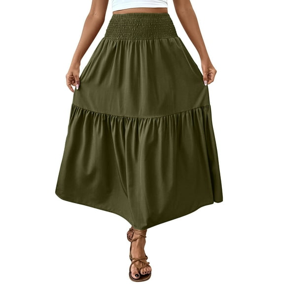 Arnsht Floral Maxi Skirt for Women Summer Comfy Tiered Elastic High Waisted Skirts Vacation A-Line Flowy Swing Long Skirts Green M