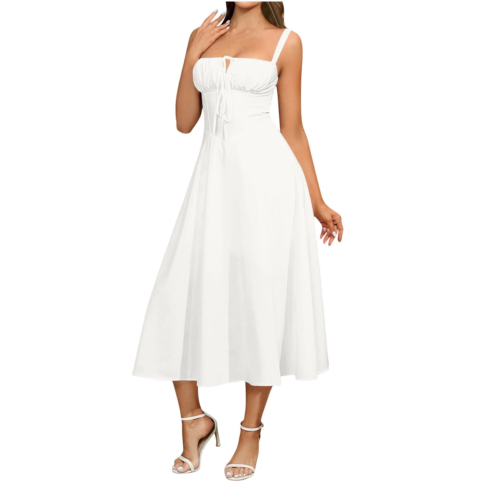 Arnsht Floral Midi Corset Dress Boho Flowy Split Drawstring Lace Up Dresses for Women Going Out Elegant A Line Casual Sundress White L, Women's, Size:
