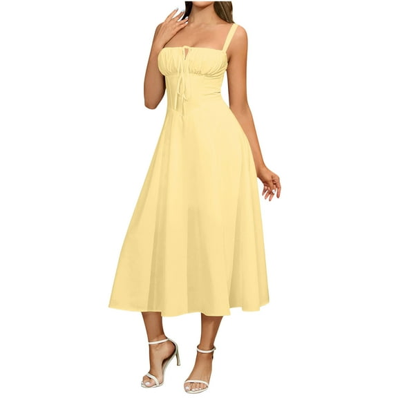 Arnsht Floral Midi Corset Dress Boho Flowy Split Drawstring Lace Up Dresses for Women Going Out Elegant A Line Casual Sundress Yellow M