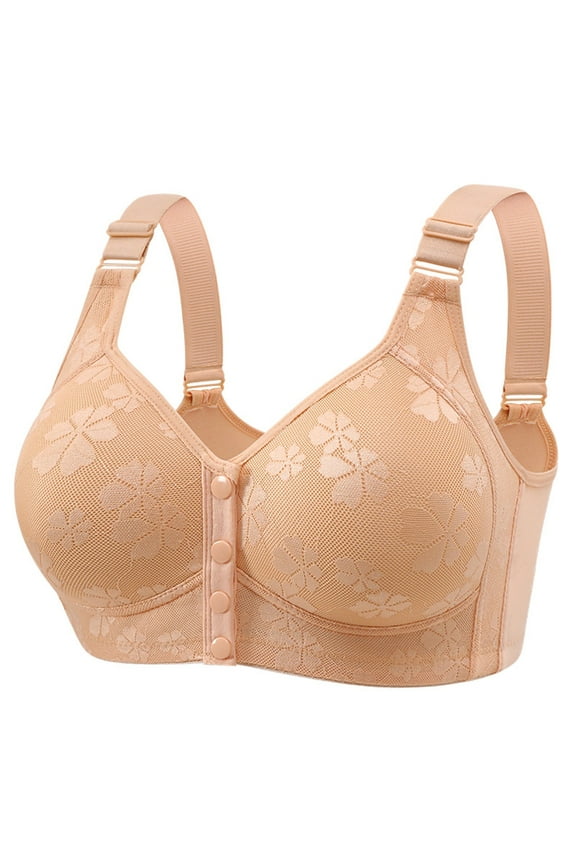 Front Closure Bra for Older Women Fashion Snap Front Bras Front Closure Button Bras Comfort Breathable Push Up Bras Beige L