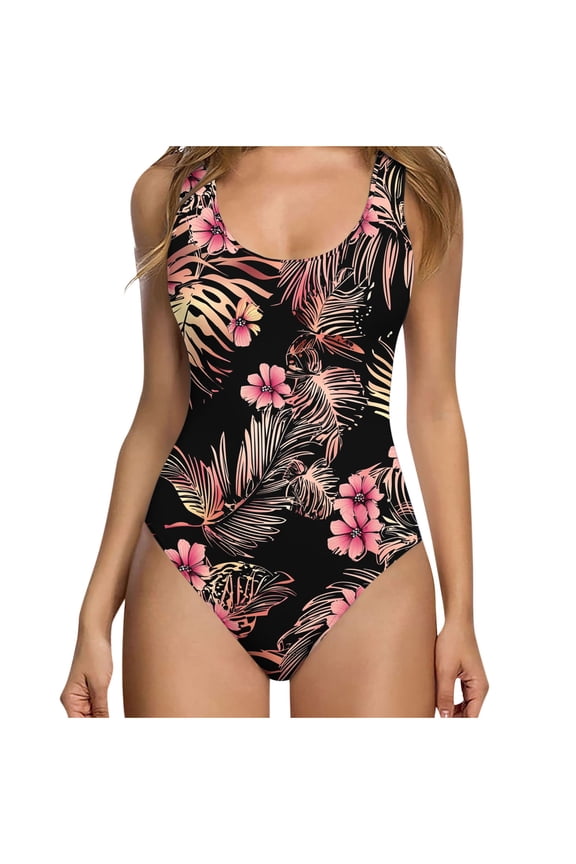 Girls One Piece Swimsuit With Chest Cushion Beach Vacation Bathing Suits Quick Dry Summer Print Swimwear for Women Black XXL