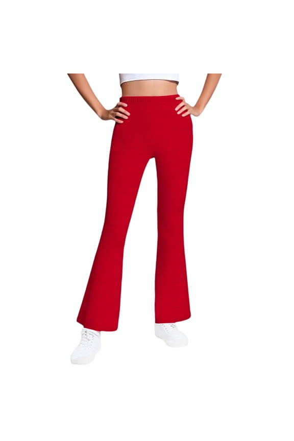 Girls Solid Color Fleece lined Flare Leggings Kids High Waist Bell Bottom Pants Casual Cotton Leggings for Teen Girls Red 13 Years