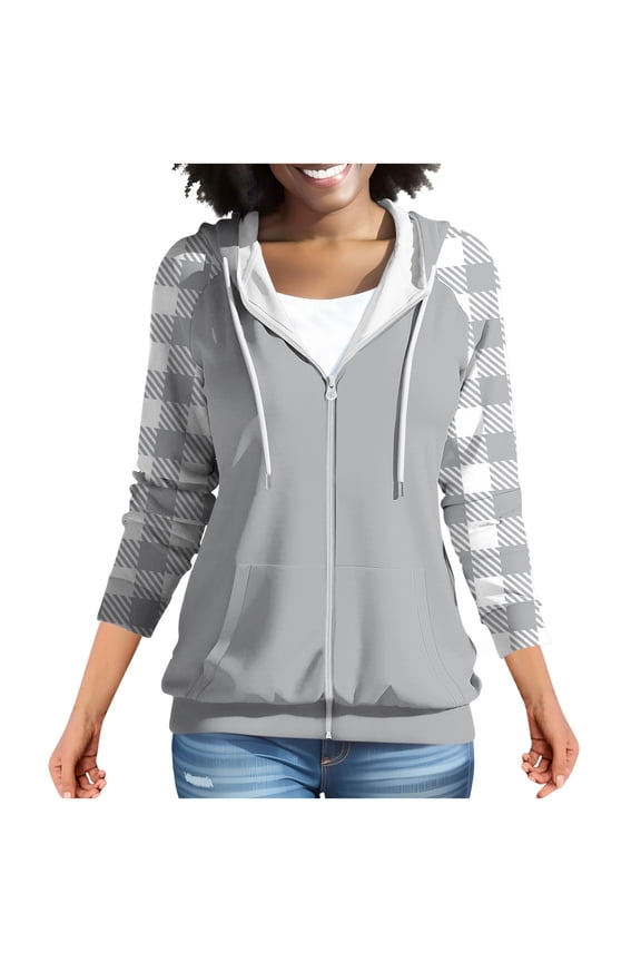 Hoodies for Women Color Block Hooded Sweatshirt Basic Zip-Up Jersey Jacket Long Sleeve Top with Pockets Plus Size Gray M