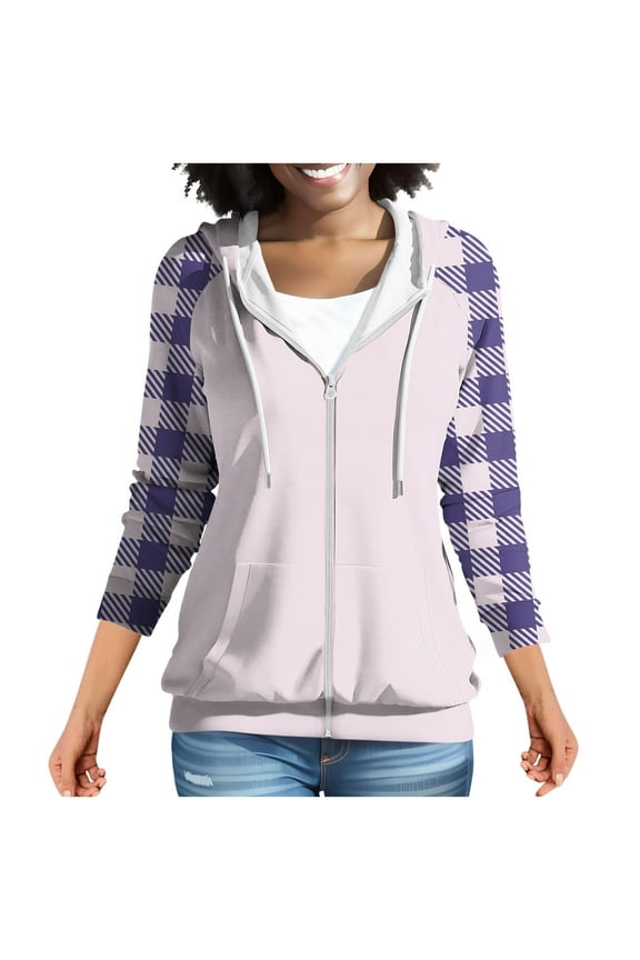 Hoodies for Women Color Block Hooded Sweatshirt Basic Zip-Up Jersey Jacket Long Sleeve Top with Pockets Plus Size Purple S